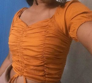Mustard Yellow Ruched Balloon Sleeves Top