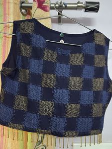Elegant Navy Blue Pant Suit with Checkered Detail