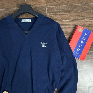 Burberrys Navy V-Neck Sweater