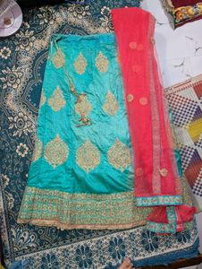 Teal & Coral Embellished Lehenga Set