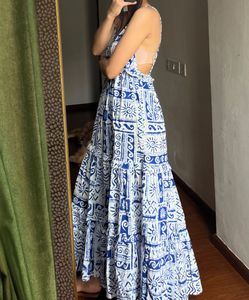Blue-White Pattern Strappy Maxi Dress