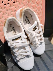 White &amp; Gold Stripe Sneakers