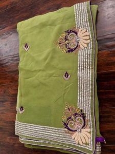 Olive Green Saree-Intricate Embroidery & Blouse