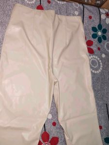H&amp;M Off-White Faux Leather Pants with Front Slits