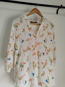 Zara Flamingo Bird Print Tunic Blouse