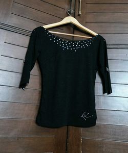 Women Black Sexy Deep V-neck Crystal Stone Top