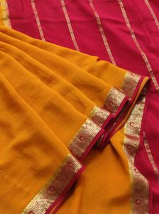 Mustard Yellow And Maroon Pure Crepe Silk Saree