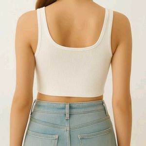 White Ribbed Cropped Tank Top