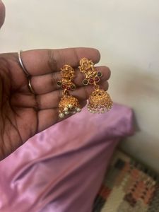 Golden Jhumka With Red Stone