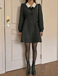 New Korean Puff Sleeves Navy Blue Dress