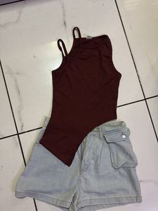 Brown Tank & Denim Shorts Set