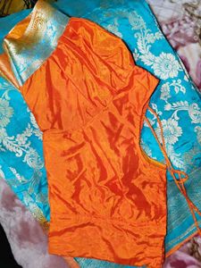Stunning Orange &amp; Turquoise Blue Banarasi Silk Sar