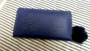 Navy Studded Wallet with Pom