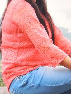 Coral Colour Net Top 💖