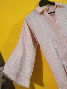 Pink Plaid 3/4 Sleeve Button-Down