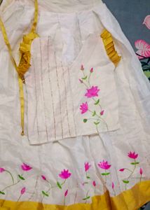 White &amp; Gold Embellished Floral Top And Skirt
