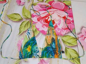 (1300)Colorful Marble Print Bikini Top