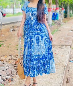 Blue Paisley Print Smocked Maxi Dress