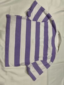Lavender And White Strip Crop Polo Top