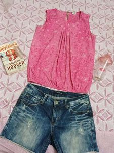 Dazzled Top And Denim Shorts Combo