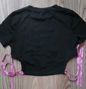 Black Graphic Crop Top with Pink Ribbon Ties
