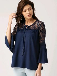 Lace Sleeve Navy Blouse