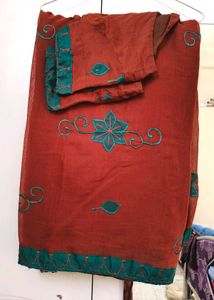 Brick Red Cotton Blend Saree With Blouse