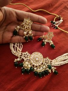 Ethnic Off White And Green Pearl Choker Set