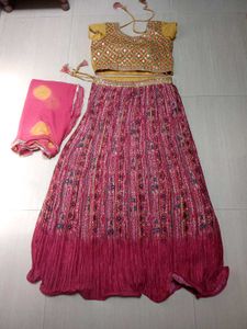 Vibrant Yellow & Pink Mirror Work Ghaghra Choli wi