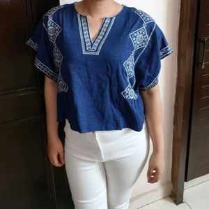 8seconds Women Blue Embroidered Casual Crop Top