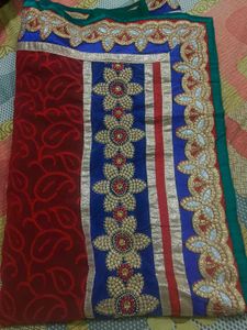 Elegant Rad Embroidered Saree