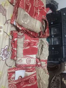 Silk and Tissue, Maroon, Beige Curtains