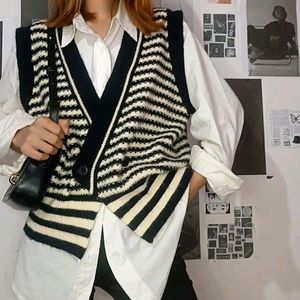 Black And White Striped Korean Vest
