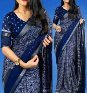 New Elegant Blue Printed Saree With Blouse Piece