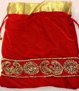 Red Velvet Embellished Drawstring Bag