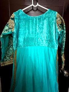 Teal &amp; Gold Embroidered Anarkali