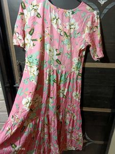 Pink Floral Midi Dress with Puff Sleeves