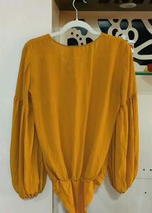 ZARA Mustard Bodysuit Blouse with Balloon Sleeves