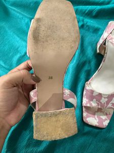 Peach Coloured&amp;White Floral Print Block Heel