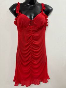 Women Ruched Mesh Dress Red