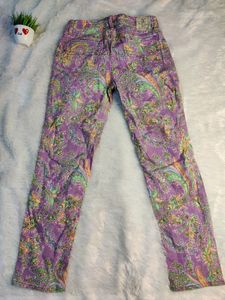 Purple Jeans With Multicolor Flower Print For Girl