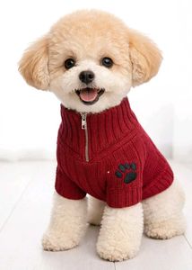 Red Knit Pet Dog Sweater with Zipper & Paw