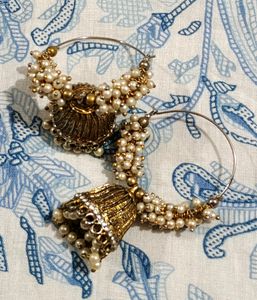 Gold-plated &amp; Pearl-studded Hoop Jhumka Earrings