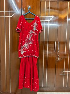 ✨Red Bead-Embroidered Sharara Set! ✨