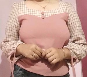 Pink Plaid Sleeve Blouse