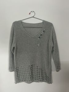 Silver Knit V-Neck Sweater