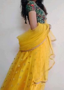 "Festive Yellow Lehenga Set | Floral Crop Top