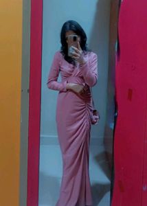 Elegant Rose Pink Ruched Maxi Dress with Full Slee