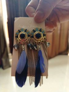 Designer Blue Feathered Ear Rings
