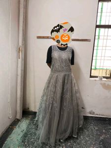 Elegant Grey Lace Overlay Gown